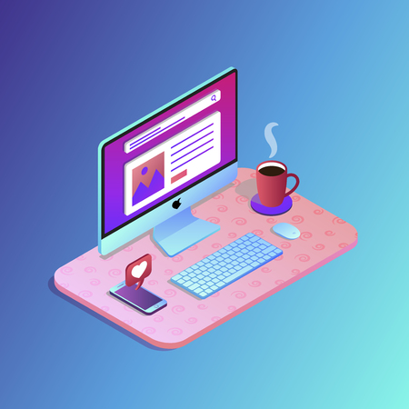 Flat design vector illustration of mobile and desktop website design development process with minimalistic modern digital tablet, desktop computer and smartphone on designer workplace in trendy color.のイラスト素材