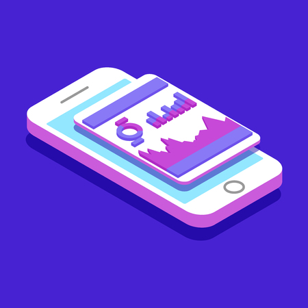 Market trend analysis on smartphone with graphs in isometric flat design style on colored background, vector infographic, eps10.のイラスト素材