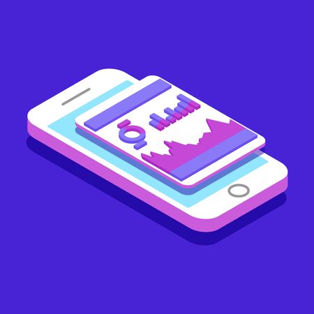 Market trend analysis on smartphone with graphs in isometric flat design style.の写真素材