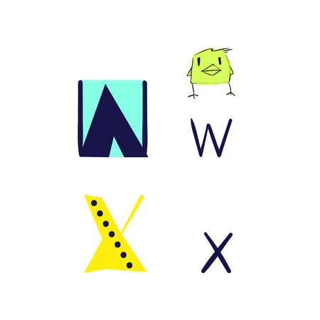 Alphabet letters W and X. Cute cartoon style. Vector illustration.のイラスト素材