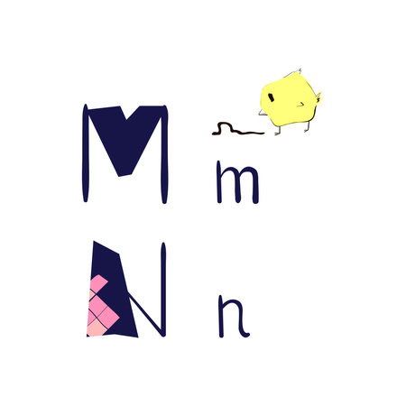 Alphabet Letters M and N in cute cartoon style. Vector illustration.のイラスト素材