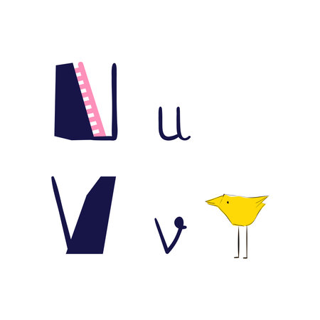 Cute vector alphabet with bird. Letters U and V.のイラスト素材