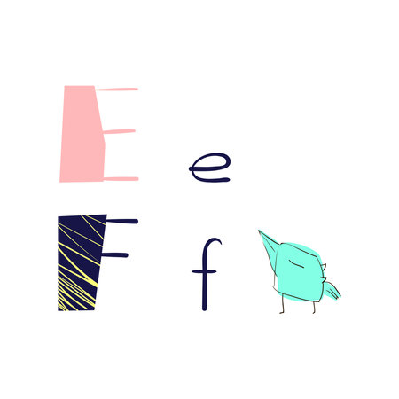 Funny bird and hand drawn letters E and F. Hand drawn lettering. Vector illustration in cartoon style.のイラスト素材