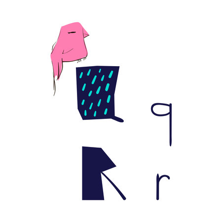 Alphabet letters R and Q with cute cartoon bird. Hand drawn vector illustration.のイラスト素材