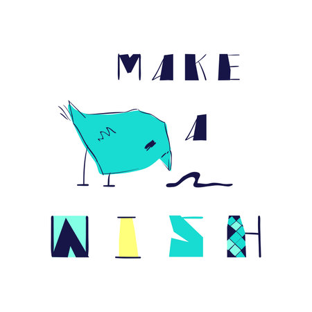 Make a wish. Funny quote and a little cute bird. Card design. Vector cartoon illustration.のイラスト素材
