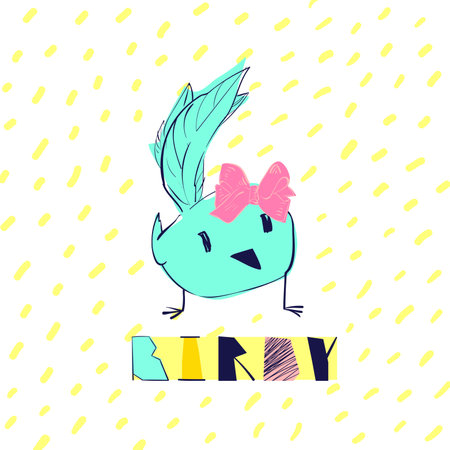 Birdy. Funny quote and a little cute bird. Card design. Vector cartoon illustration.のイラスト素材