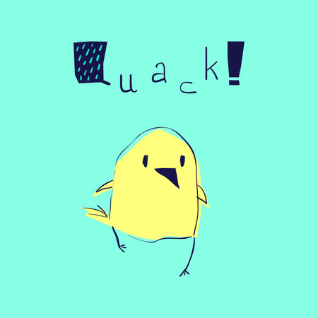 Quack! Funny quote and a little cute bird. Card design. Vector cartoon illustration.のイラスト素材