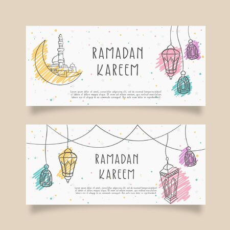 Hand drawn of lantern for Ramadan Background setのイラスト素材