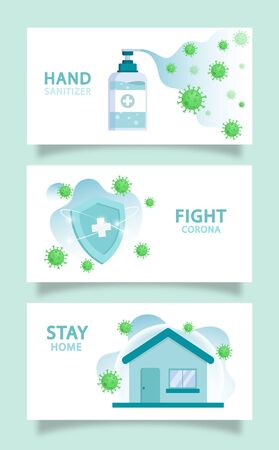 Coronavirus COVID-19 background set hand sanitizer fight corona and stay homeのイラスト素材