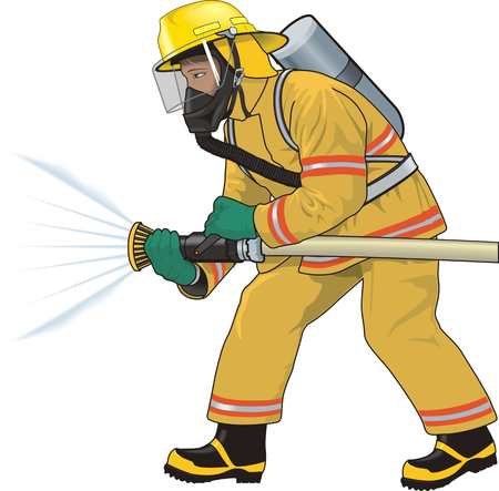 Firefighter extinguishes a fire illustration on white background.のイラスト素材