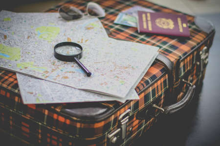 magnifier, map, passport, travel