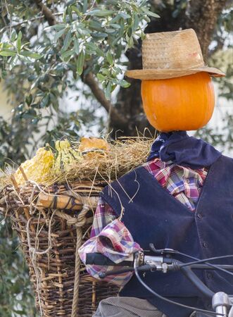 decorative pumpkins as a man on motorcycleの写真素材