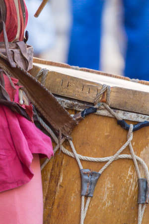 medieval musicians with drums and tambourinesの写真素材