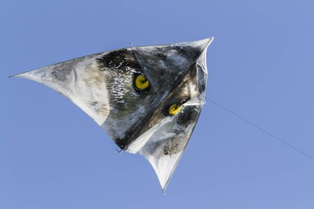 colorful kites flying  in single file in the sky