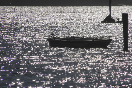 boat, seagul and reflection on seaの写真素材
