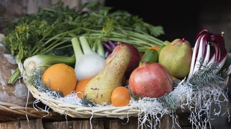fruit and vegetables in the basketの写真素材