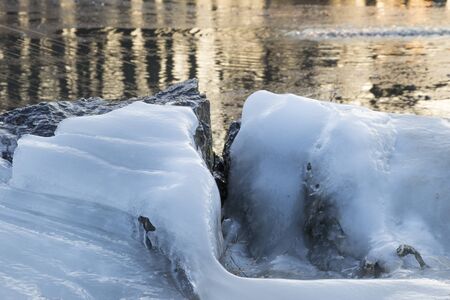 ice on frozen pond in winter seasonの写真素材