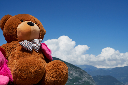 Teddy bear and cloudy skyの写真素材