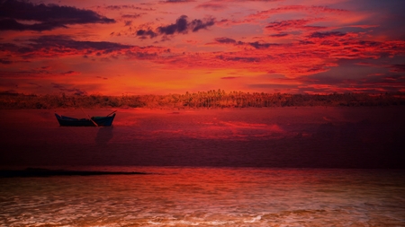 blue boat on ocean coast at sunsetの写真素材