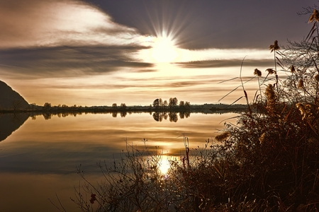 winter reflection on landscape lakeの写真素材