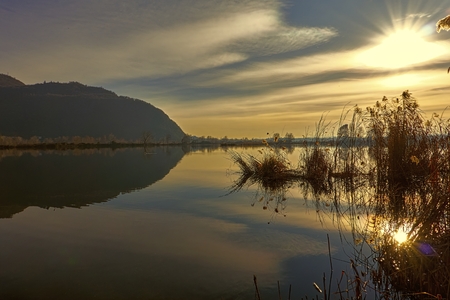winter reflection on landscape lakeの写真素材