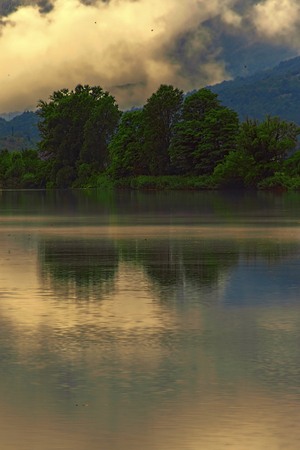 sunset reflection on lakeの写真素材