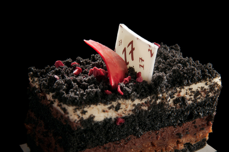 Close up of Black Velvet Cake on a black backgroundの写真素材