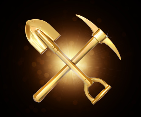 Golden pick and shovel on dark background. 3d renderの写真素材