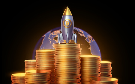 Bitcoin rocket launcher, cryptocurrency concept. The growth rate of the gold coin for designers and...