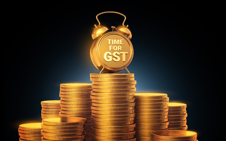 TIME FOR GST The concept of financing the season. Gold analog clock, standing on a year of coins on a dark background.の写真素材