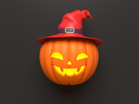 Halloween holiday concept with jack o lantern pumpkin decor with funny faces and witch's red hat. view from above. flat lay. 3d renderingの写真素材