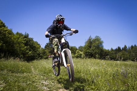 Downhill mountain bikers in natureの写真素材