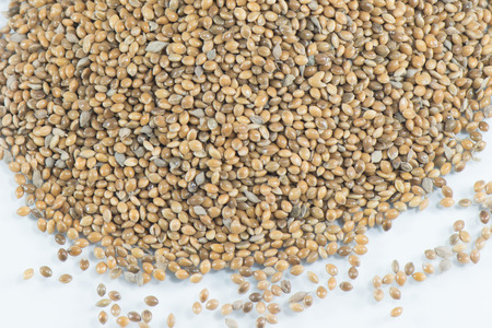 Hemp seeds held by woman hands, shaping a heartの写真素材