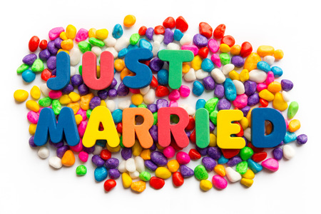 just married word in colorful stoneの写真素材