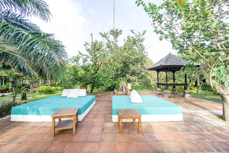 Bali, Indonesia - December 24, 2016:   Hotel outdoor beds of luxury hotel at bali, indonesiaのeditorial素材