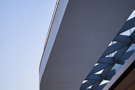 The bridge is made of concrete and metal structures. Bottom view.の写真素材