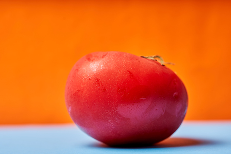 Ripe red tomato on orange-blue background. Macro.の写真素材