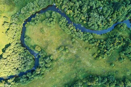 Forest with a winding river at sunset. Aerial photography with a droneの写真素材