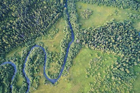 Forest with a winding river at sunset. Aerial photography with a drone