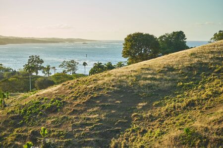 Tropical landscape with steep hill and ocean in the background.の写真素材