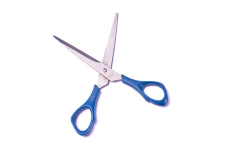 Scissors with blue handle isolated on white background.の写真素材