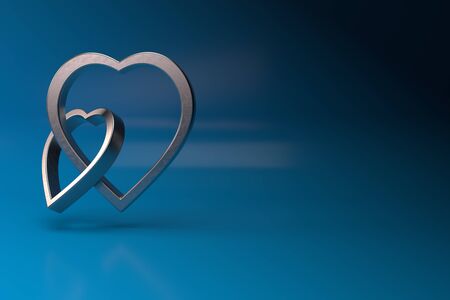 Two metal hearts on a blue background, joined together. Conceptual design for Valentine's Day. 3D rendering.の写真素材