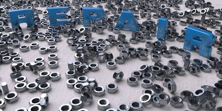A lot of fixing nuts with a three- dimensional inscription repair. 3d rendering. Industrial...
