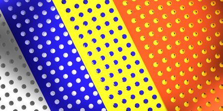 Abstract background of multicolored metal sheets lying on top of each other, with holes. 3d render.の写真素材