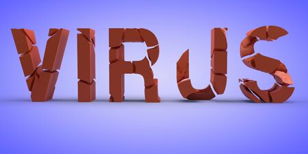 Background on a medical topic with the inscription virus. Destroyed the letters. Concept on the topic of virus treatment. 3d render.の写真素材