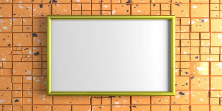 Metal frame with an isolated space on a colored wall with a geometric pattern. 3D visualization.