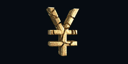 Destroyed gold symbol of the Japanese currency with cracks on a black background. The concept of falling currencies. Economic crisis. 3D visualizationの写真素材