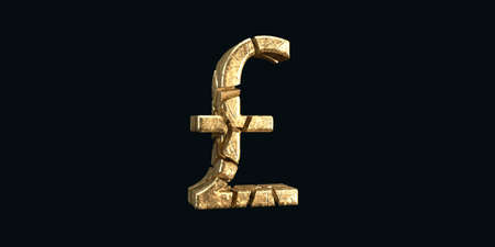 Destroyed gold symbol of the British pounds with cracks on a black background. The concept of falling currencies. Economic crisis. 3D visualizationの写真素材