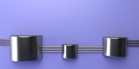 Three empty metal shelves with decorative elements hang on the wall. Minimal concept. 3D visualization.の写真素材