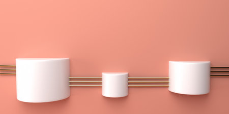 Three empty white shelves with a decorative element hang on the wall. Minimal concept. 3D...
